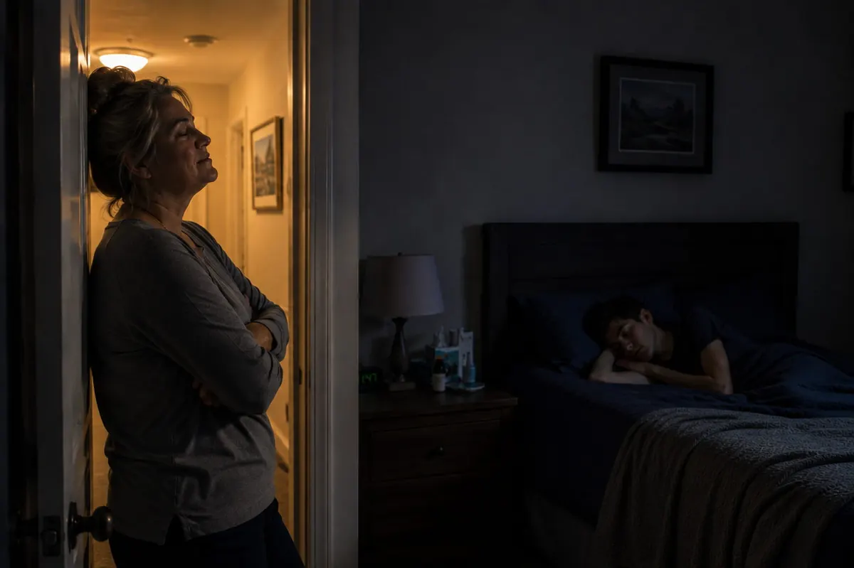 A mother pausing outside the bedroom while her adult son sleeps