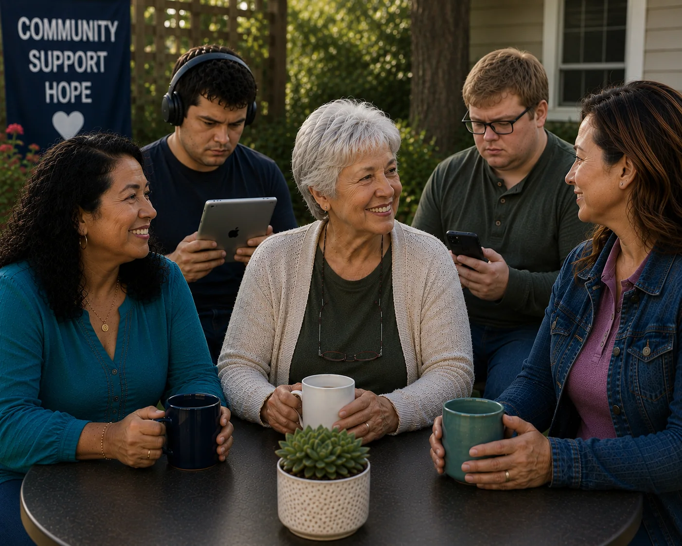 Caregivers connecting while adults with autism enjoy activities nearby