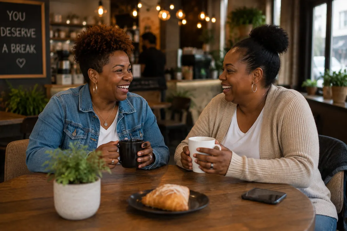 Two caregivers sharing a welcome moment of connection over coffee