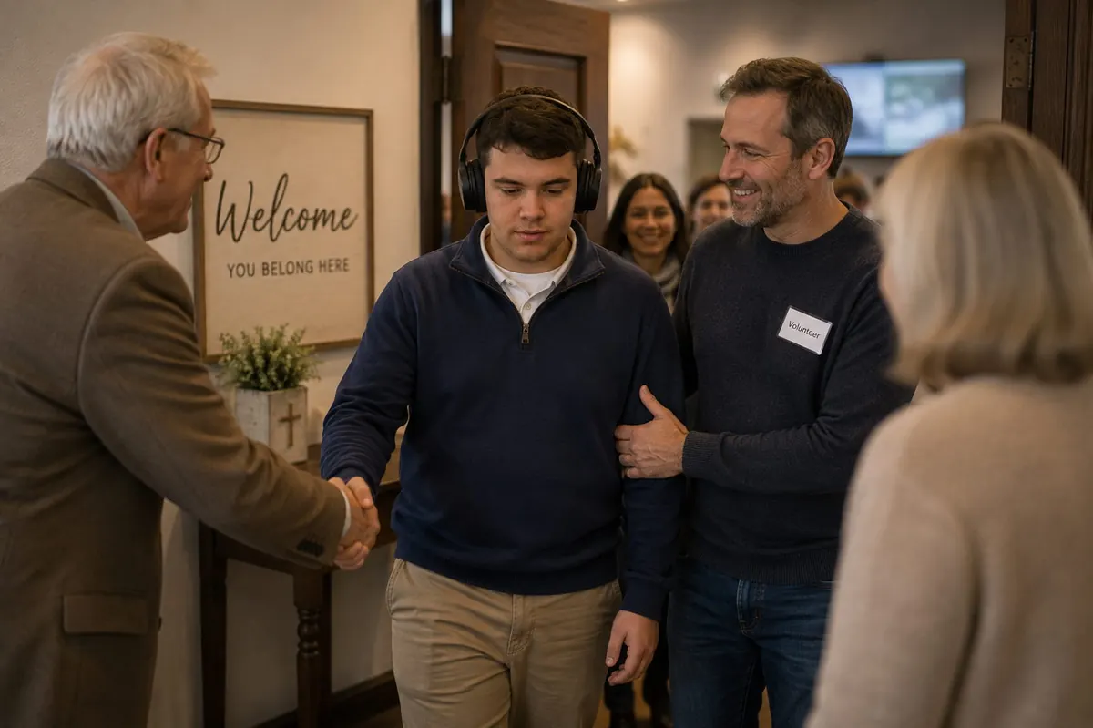 A church volunteer welcoming an adult with profound autism