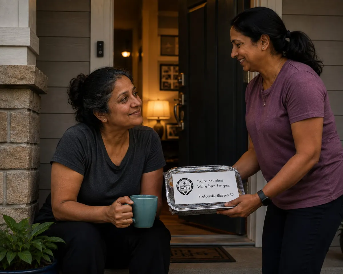 A volunteer delivering a meal to a tired caregiver at her front door