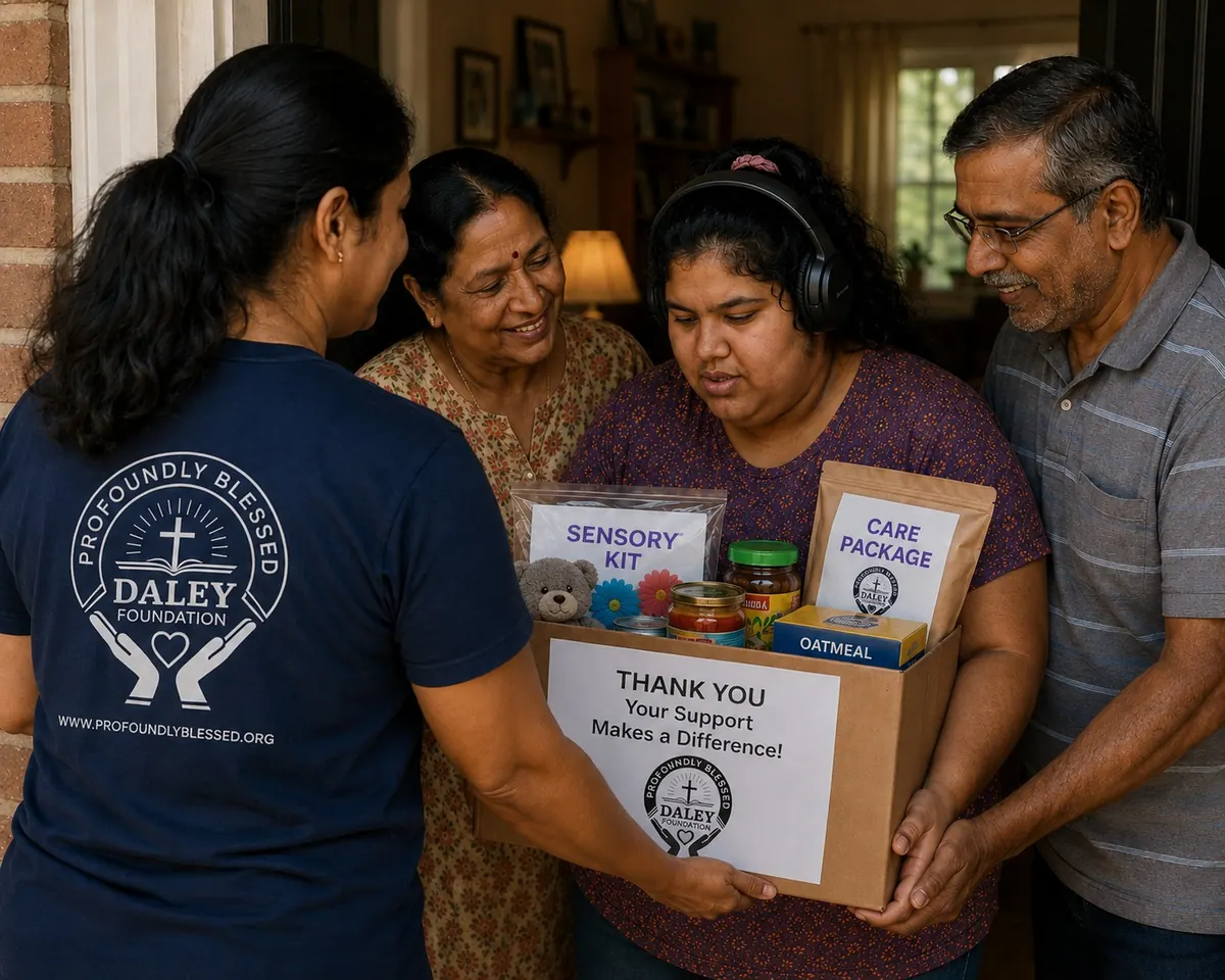 A family receiving a sensory kit and care package from a Profoundly Blessed volunteer