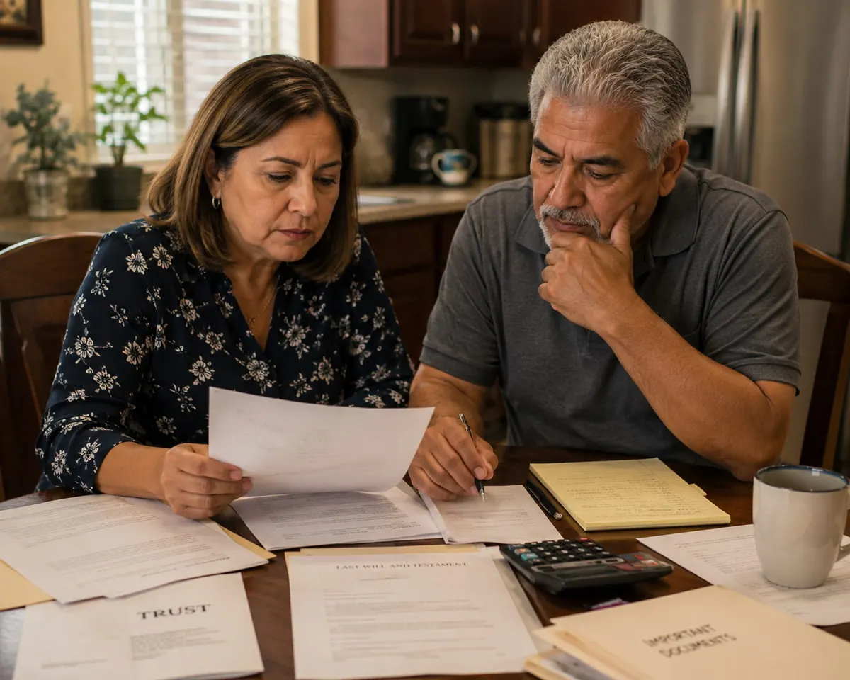 Parents reviewing trust and estate documents at their kitchen table