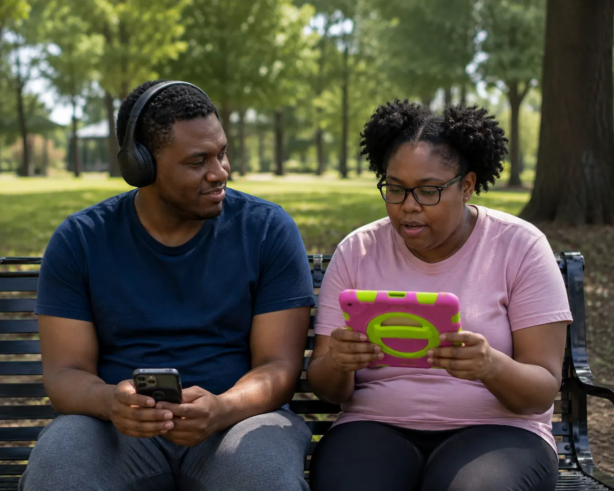 Two Black adults with profound autism sitting together in a park with personal devices