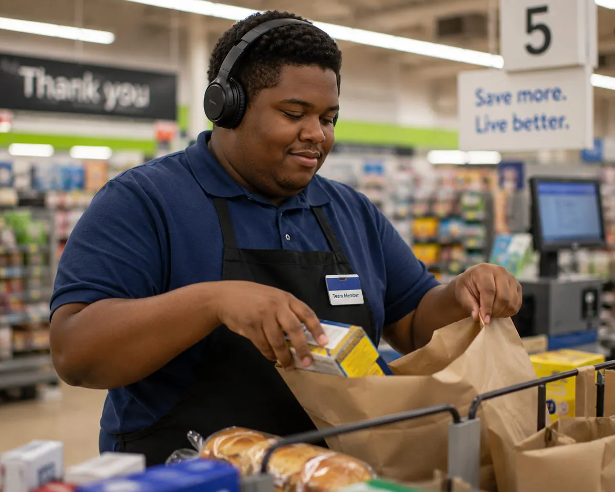 A Black adult with profound autism bagging groceries while wearing headphones