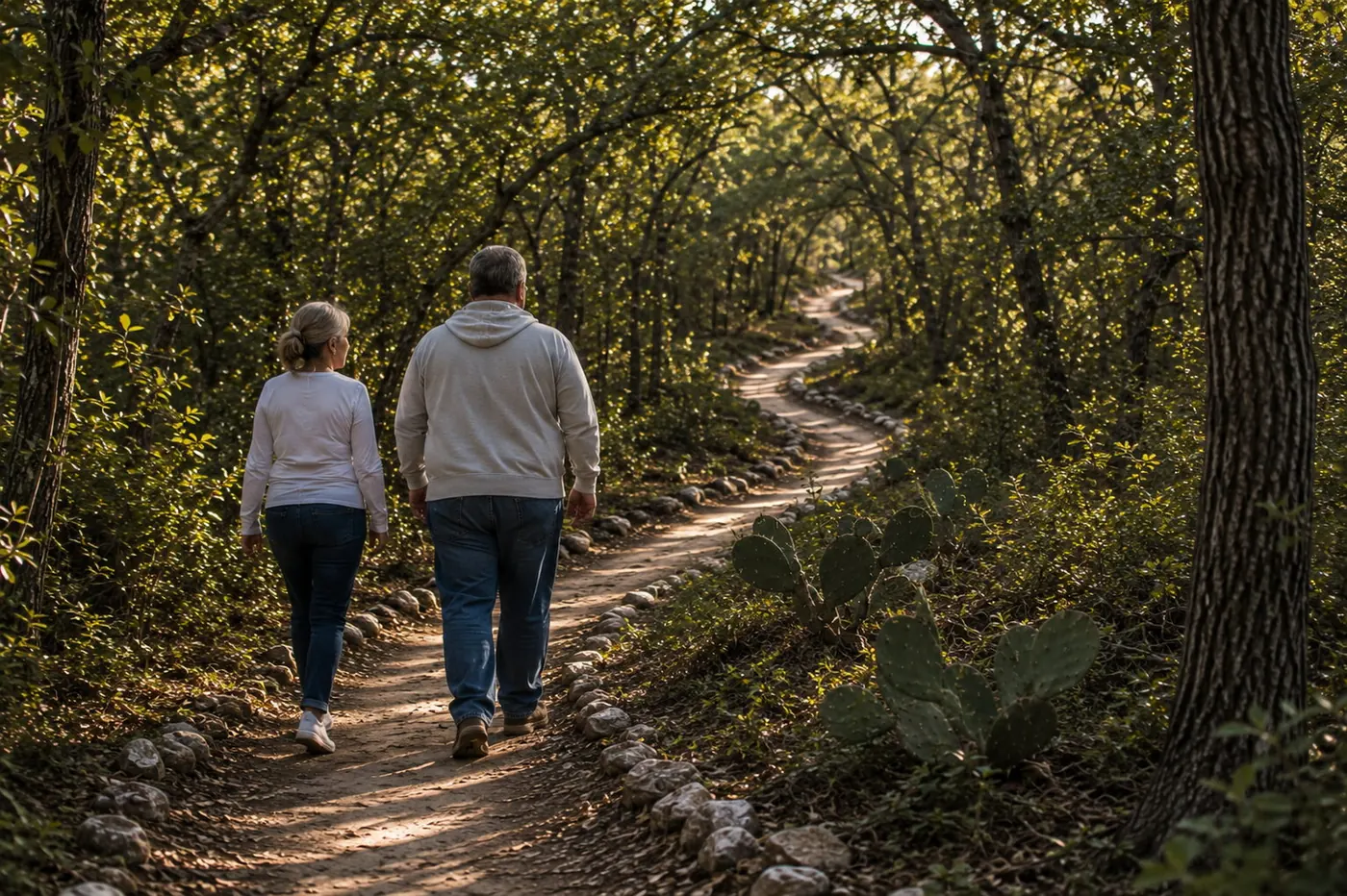 A couple walking together on a winding Texas woodland trail