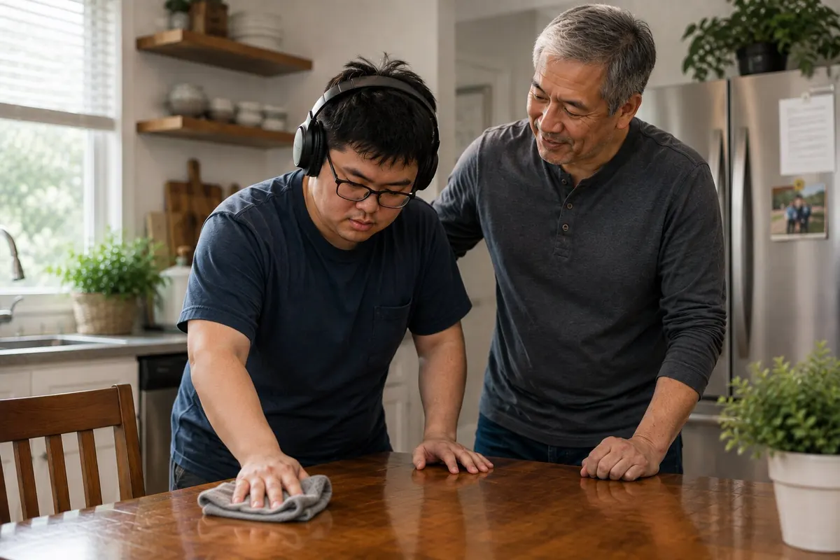 An adult with profound autism wiping a kitchen table with his father nearby