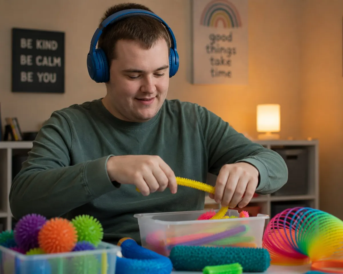 An adult with profound autism enjoying sensory materials while listening to music