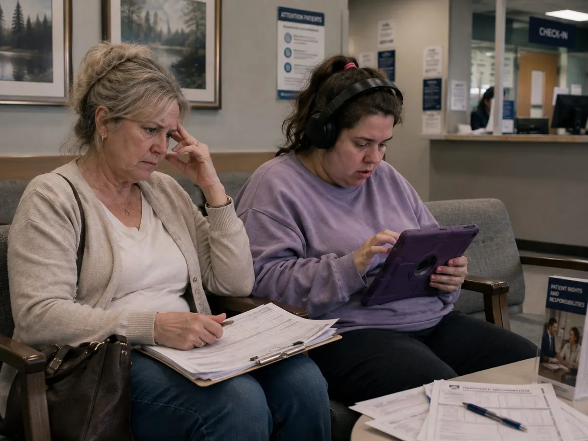 A mother and her adult daughter with profound autism waiting for medical care
