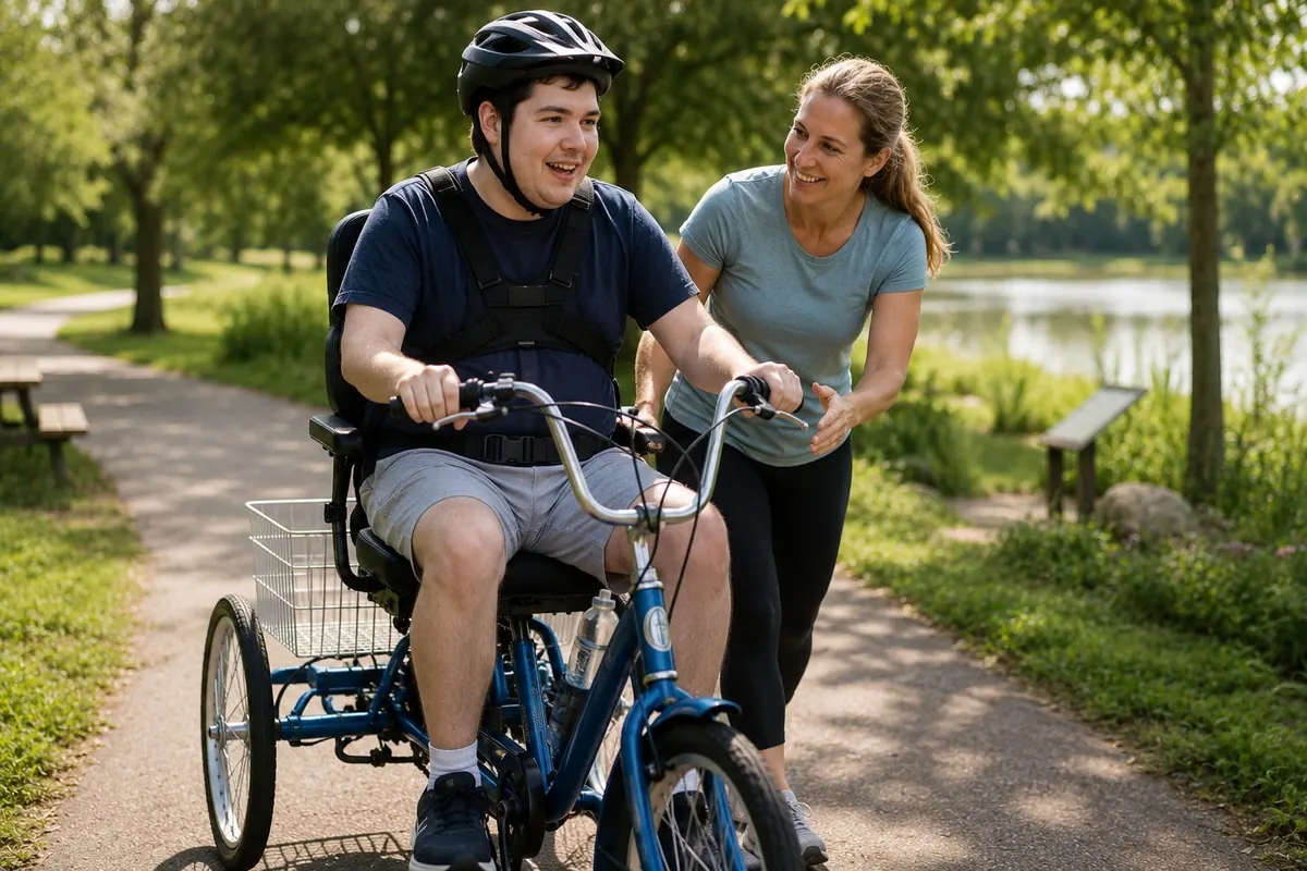 An adult using an adaptive tricycle with a caregiver close by