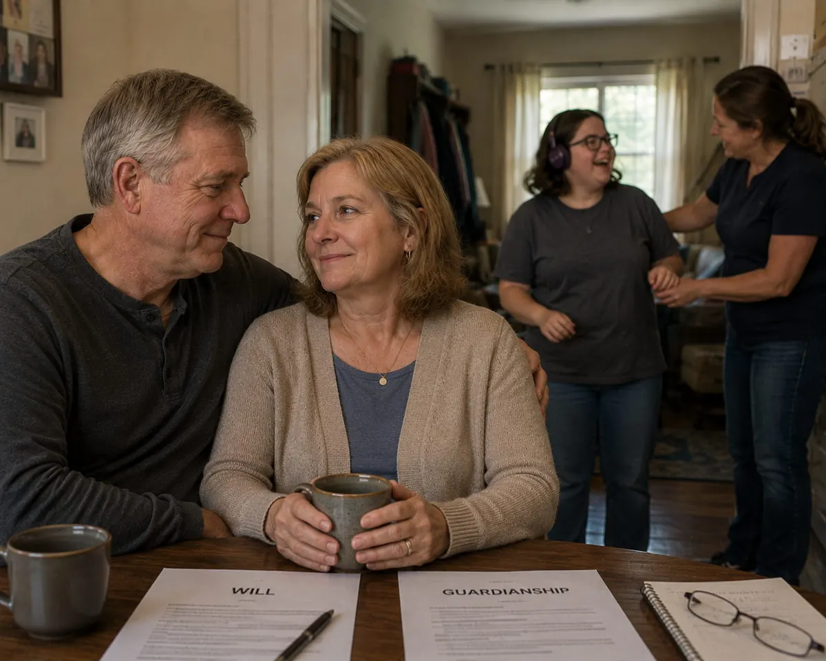 Older parents reviewing a will and guardianship plan while their adult daughter is supported nearby