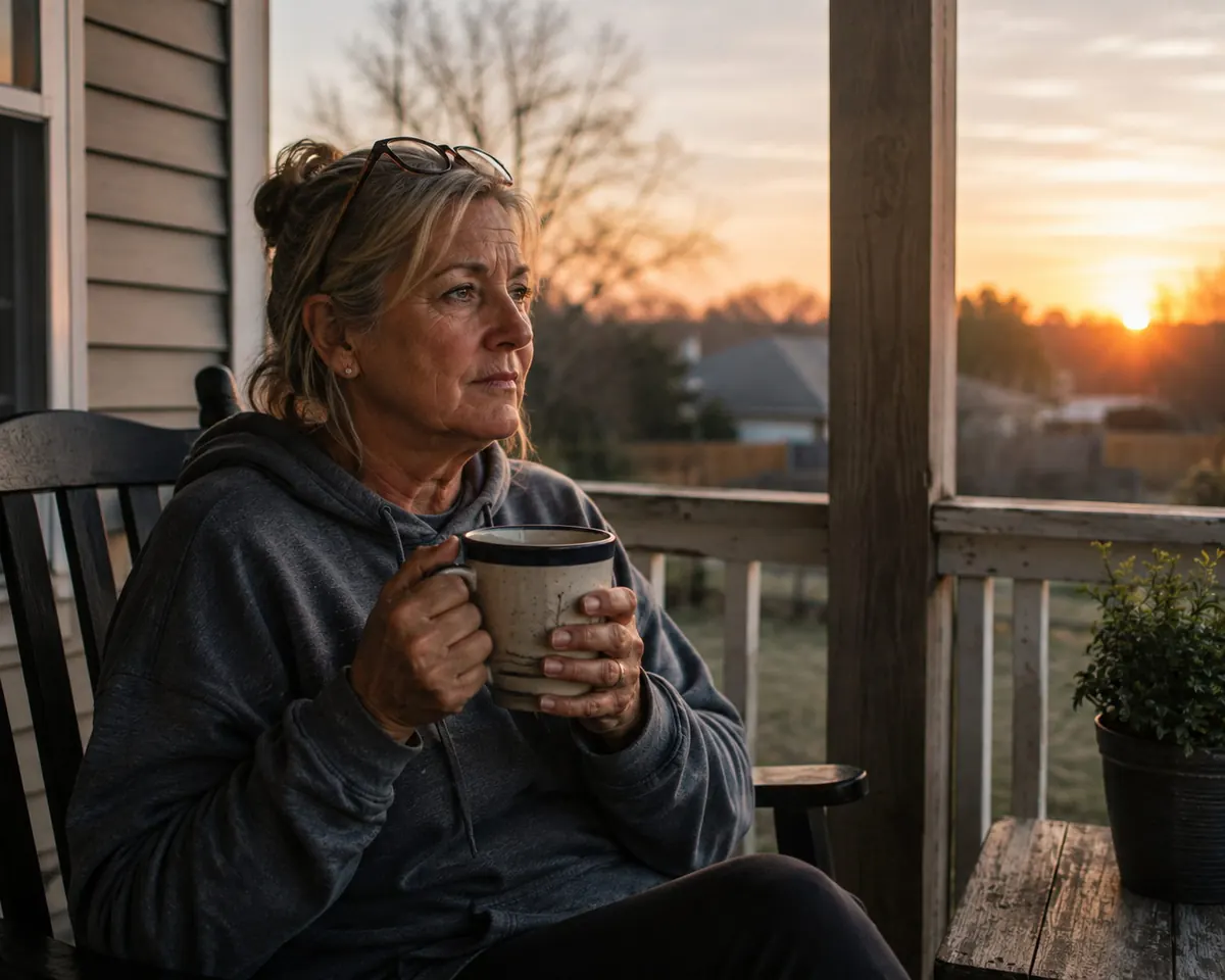 A longtime caregiver sitting quietly on her porch at sunset