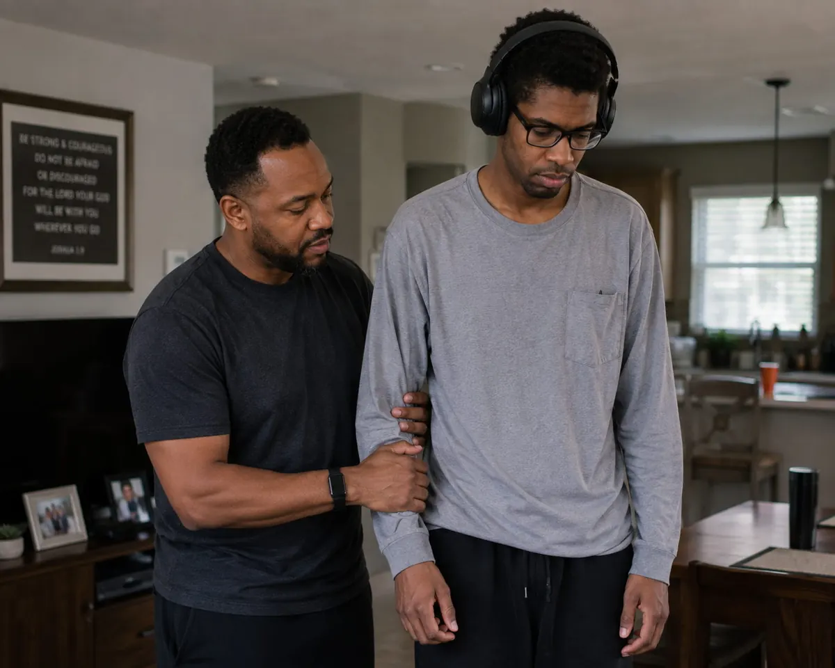 An adult brother gently supporting his sibling with profound autism at home