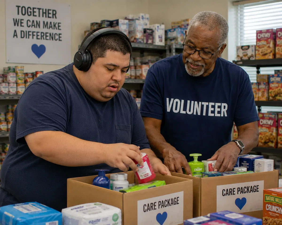 An adult with profound autism and a volunteer assembling care packages together